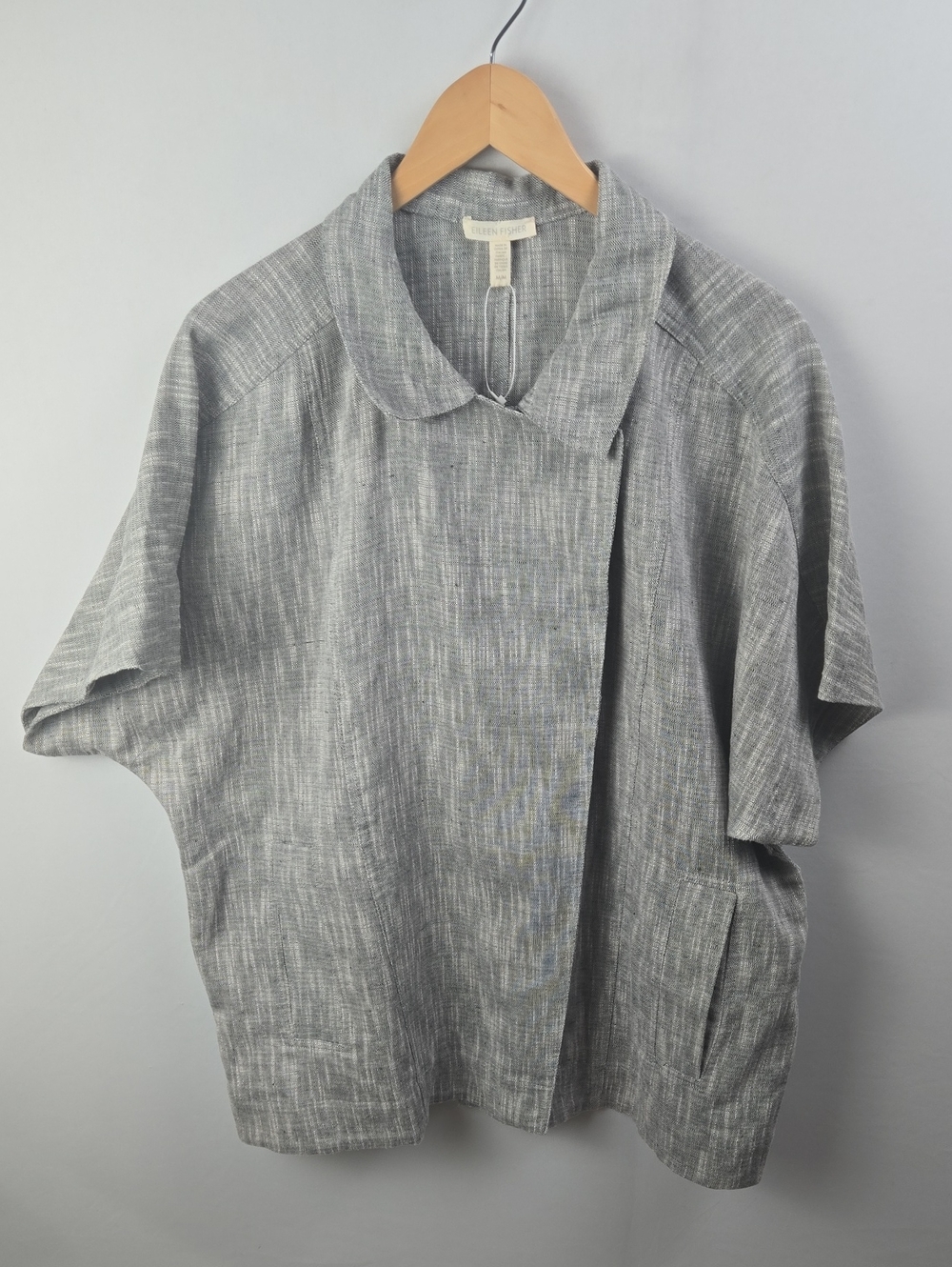 EILEEN FISHER Gray Woven Short Sleeve Cotton & Linen Boxy Layering Jacket Sz M - Picture 1 of 10